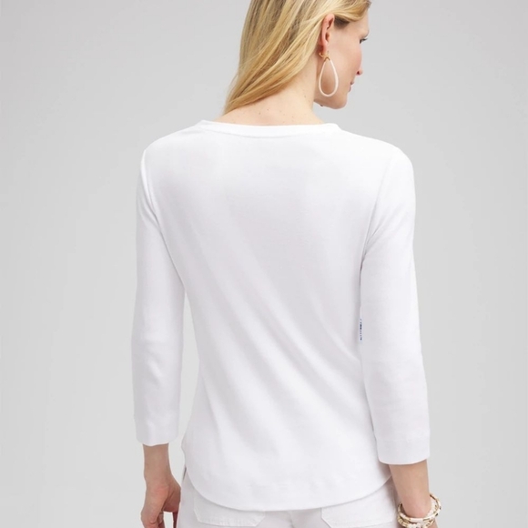 CHICOS Floral Everyday V Neck 3/4 Sleeve Pima Cotton White Tee sz L - Picture 2 of 12
